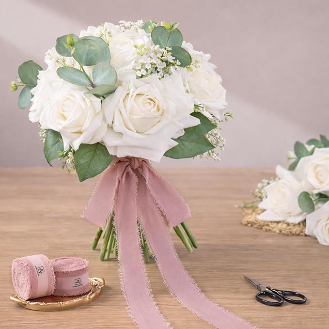 DORIS HOME Mauve Chiffon Ribbon for Flower Bouquet, 1" x21Yd Fabric Ribbon for Gift Wrapping, Handmade Frayed Ribbon for Wedding Invitations/Christmas Decorations
