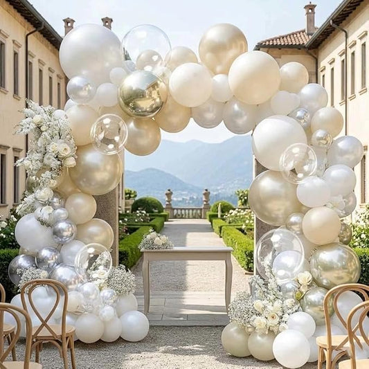 White Balloon Arch Double Stuffed Sand White Gold Pearl Bobo Balloons Light Gold Silver Latex Balloon Garland for Birthday Wedding Baby Shower Bridal Shower Baptism Party Decor