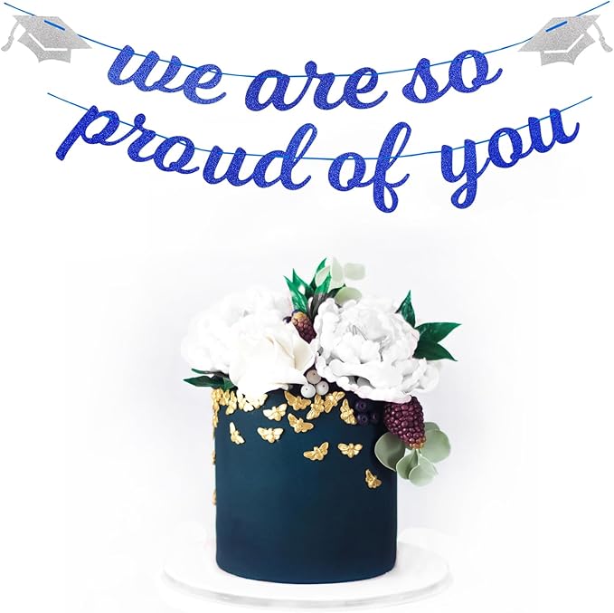 Navy-Blue White-Silver Party-Decoration Graduation Banner - 8pcs Kits Cap Garland Streamers, Paper Tissue Pom Poms Flowers,We are So Proud of You Congratulations Grad 2026 Decor Lasting Surprise