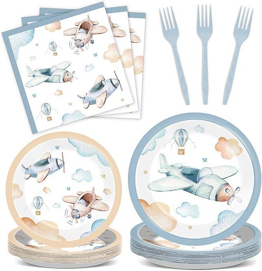 96Pcs Airplane Birthday Party Decorations Airplane Baby Shower Tableware Vintage Plane Plates Napkins Forks Disposable Aviation Theme Party Supplies for Baby Shower Kids Boys Girls Birthday Supplies