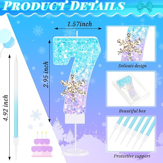 MTLEE Number 7 Birthday Candle Blue Snowflake with 6 Long Thin Cupcake Candles Blue Sparklers Glitter Number Happy Birthday Cake Topper Decorations for Winter Party Supplies
