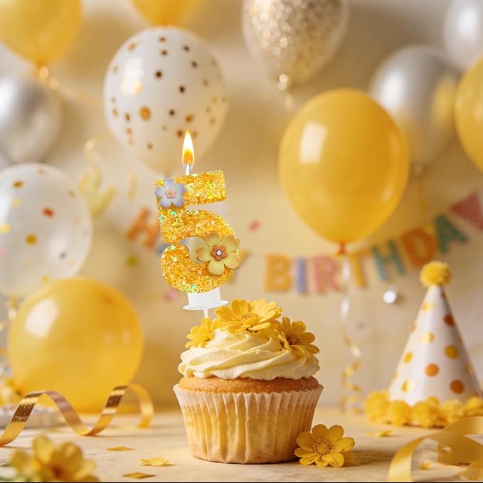 Yellow Birthday Candle, Flower Number Birthday Candles for Cake, Ideal Birthday Parties Cake Decor, Wedding Anniversary and Other Celebrations (5 Candle, Yellow)
