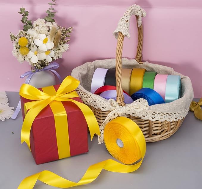 YASEO 1 Inch Yellow Solid Satin Ribbon, 50 Yards Craft Fabric Ribbon for Gift Wrapping Floral Bouquets Wedding Party Decoration