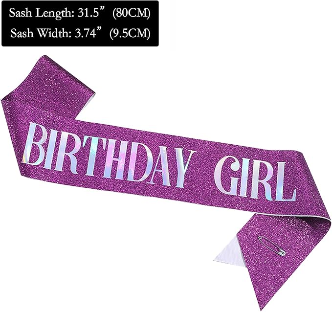 Birthday Sash for Girl, Dazzle Foil Letter Glitter Purple Birthday Sash for Women Girl Kids Teenager Bday Gifts Party Favors Photo Prop