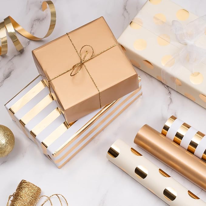 WRAPAHOLIC Gold Wrapping Paper Roll - Mini Roll - 3 Rolls - 17 Inch X 120 Inch Per Roll - Gold Foil Birthday Wrapping Paper for Wedding, Christmas, Party, Baby Shower