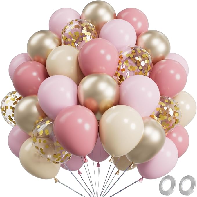 Metallic Pink and Gold Balloons 12 Inch 67PCS Sand White Champagne Confetti Latex Helium Balloons Set for Anniversary Wedding Birthday Party Decorations