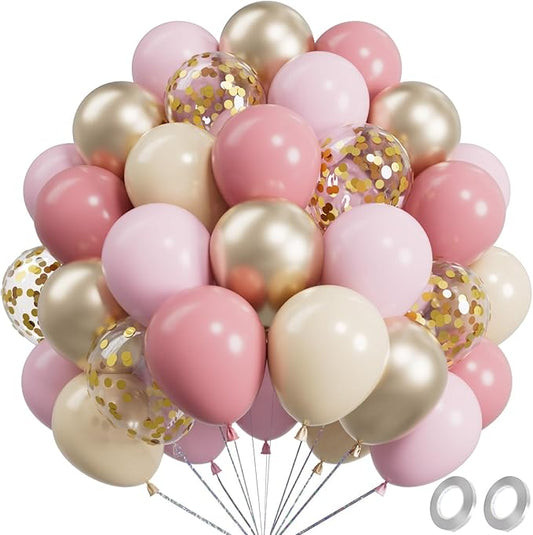 Metallic Pink and Gold Balloons 12 Inch 67PCS Sand White Champagne Confetti Latex Helium Balloons Set for Anniversary Wedding Birthday Party Decorations