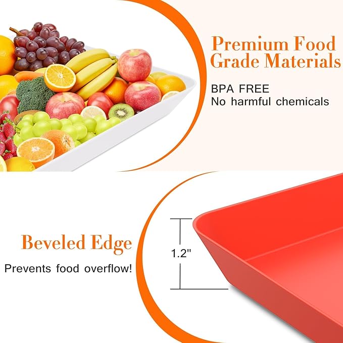 WOWBOX 4 pcs Serving Tray for Entertaining, Serving Platters for Snacks, Fruit, Cookies, Dessert, Reusable Plastic Trays for Serving Food, (White, Black, Green, Red)