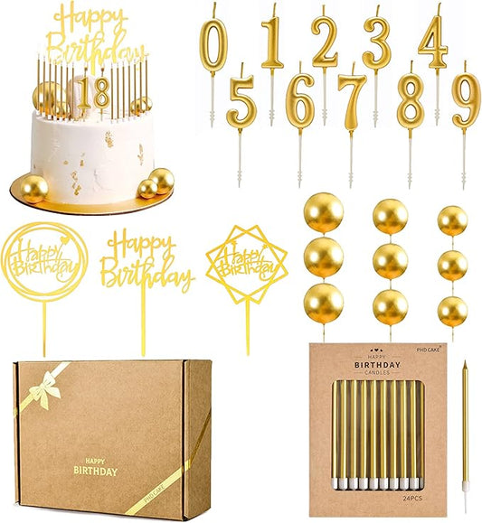PHD CAKE 46 Pcs Gold Birthday Candles, 10 Cake Number Candles, 9 Ball Cake Toppers, 3 Birthday Cake Toppers, Party Celebration