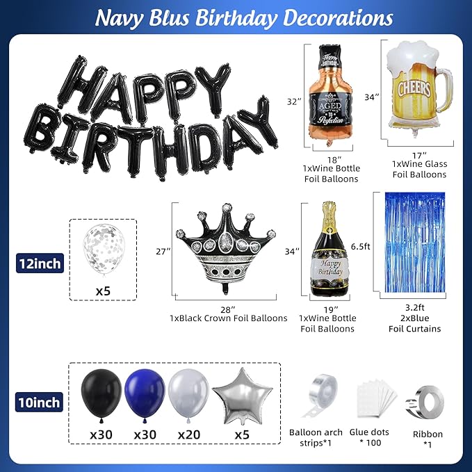 Blue and Black Happy Birthday Decorations for Men with Happy Birthday Banner, Fringe Curtains, Birthday Foil Balloons Kits for 21st,25th 27th 30th 35th 40 50 60th Birthday Party Decorations