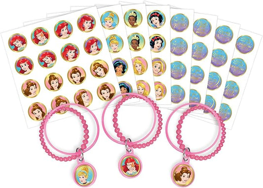Pink Disney Princess Bracelet Kit - Pack of 8 (2.75" Dazzling Charm Bracelets with 0.875" in 64 Pc Assorted Foil Stickers Designs) - Perfect for Birthday Party Favors & Gifts
