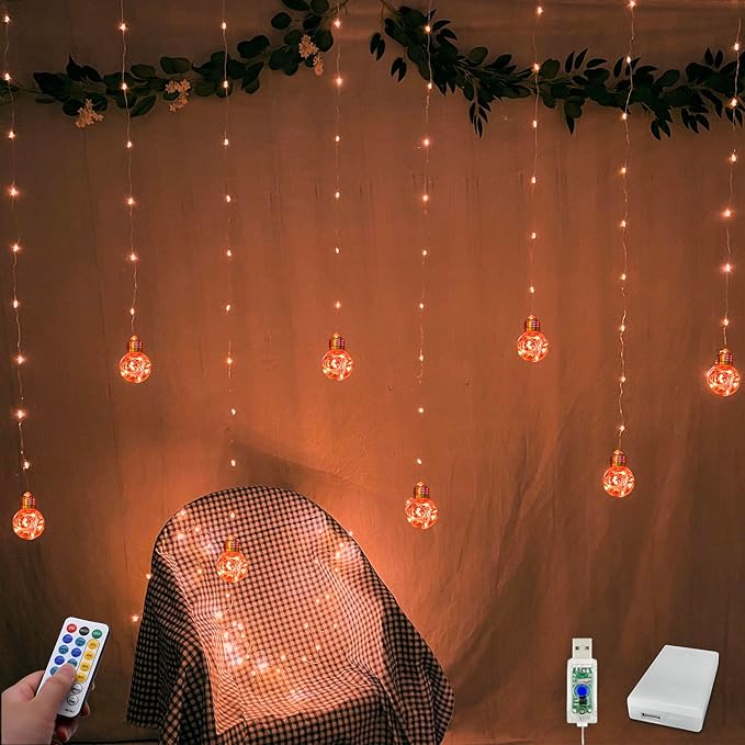 YOLIGHT Wishing Ball Curtain Lights 200 LED Window Curtain String Lights with Remote, USB Battery Powered Twinkle Globe Fairy Lights for Party Bedroom Christmas Halloween Decoration (Orange)