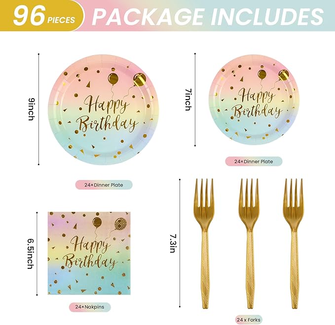 96PCS Happy Birthday Plates and Napkins Party Supplies, Colorful and Gold Disposable Paper Plates and Napkins with Forks Tableware Set for 24 Guests