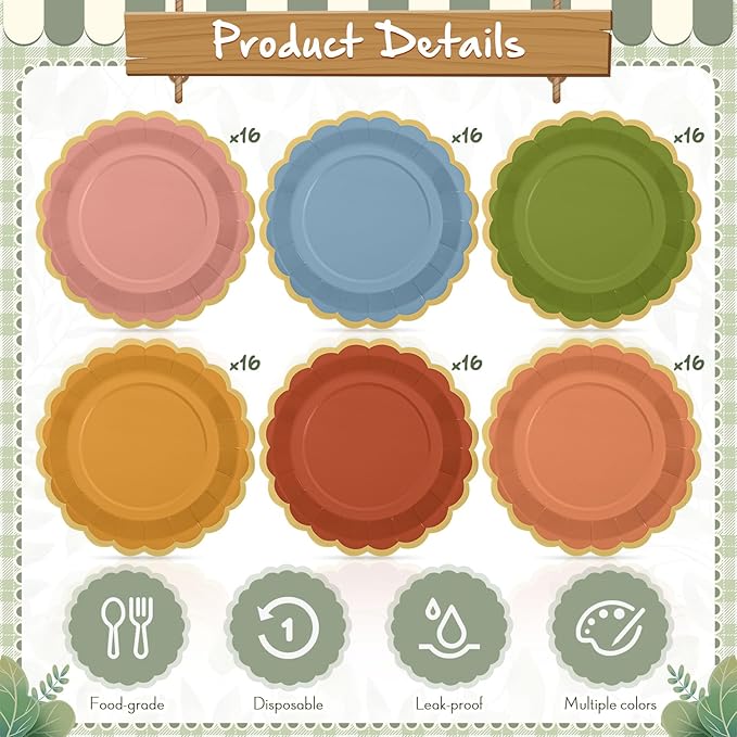 96 Pcs Wildflower Color Paper Plates 9 Inch Colorful Boho Scalloped Paper Disposable Dinner Dessert Plates for Spring Summer Birthday Wedding Bridal Party Supplies, 6 Colors