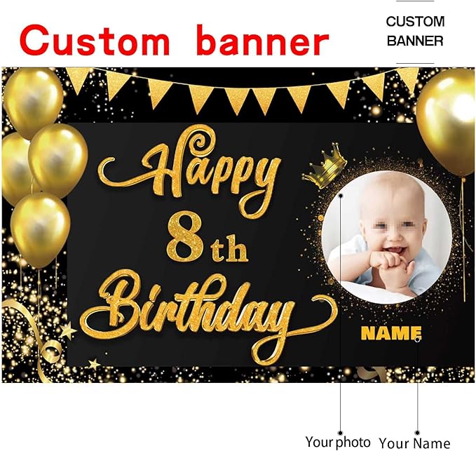 Custom Happy 8th Birthday Decorations Banner -8 Years Old Backdrop forwomenmen Boys Girls - Personalization Party Supplies Black and Gold, 4x6ft/5x7.5ft/6x9ft/7x10.5ft/8x12ft