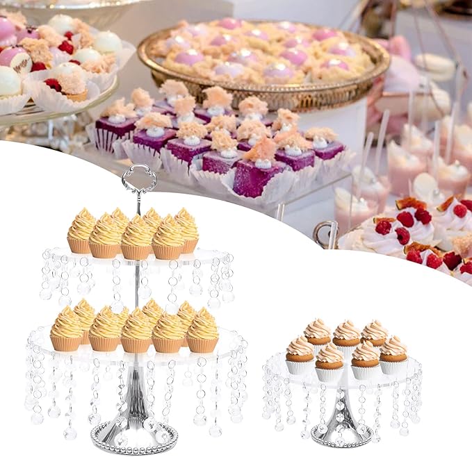 4PCS Crystal Silver Cake Stands Set, Decorative Metal Cake Holder, Round Cake Stand, Serving Plate Dessert Table Display, for Baby Shower Wedding Brithday Party Celebration Home Decoration