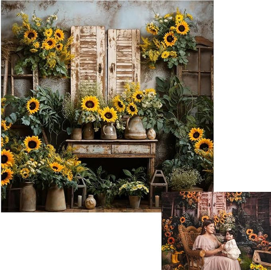 Kate 8x8ft Yellow Sunflowers Backdrops for Photography Rustic Brick House Background Bridal Baby Shower Sweet Birthday Party Decoration Studio Backdrop