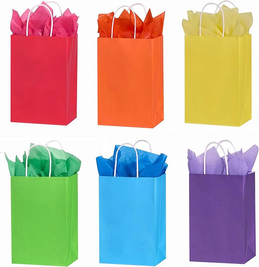 SUNCOLOR Rainbow Gift Bags with Tissue Paper, 24 Pack Small Paper Party Bags, 7.9 x 5.12 x 3.15 Inches, 6 Colors with Handles for Birthday Celebrations, Kids Parties