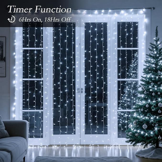 200 LED Curtain String Lights 9.8 * 6.6FT Plug in Fairy with Timer and 8 Modes, Waterproof Window Wall Lights for Bedroom Wedding Party Indoor Outdoor Christmas Decor