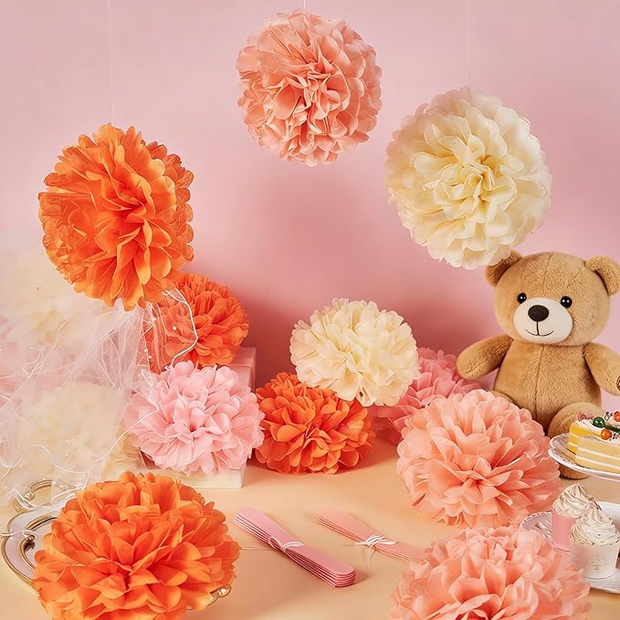 15Pcs Tissue Pom Poms Pink Orange Paper Flowers Hanging Decorations Orange Pink Flower Ball for Baby Shower Wedding Nursery Birthday Party Backdrop Home Outdoor