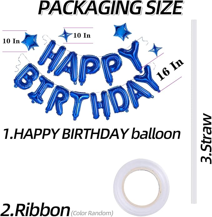 Blue Happy Birthday Banner Balloon Aluminum Foil 16 Inch Letter,10 Inch Five Pointed Star Four Pointed Star Suitable for Kids, Men, Women, Boys and Girls Party Decoration Supplies