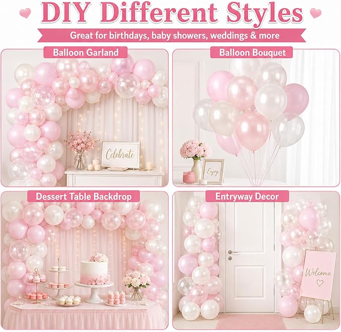 Pink Balloons, 60Pcs Pink and White Balloon, 12 Inch Latex Pastel Pink Balloons Helium for Women Girls Birthday Baby Shower Bridal Shower Gender Reveal Romantic Wedding Engagement Party Decorations