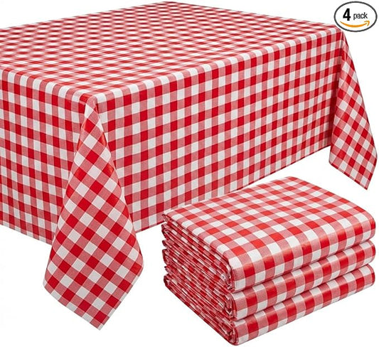 Oojami 4 Pack Disposable Plastic Tablecloths, 54 x 108 Inch Waterproof Red and White Checkered Gingham Buffalo Plaid Table Covers, Rectangle Picnic Tablecloth for Birthday, BBQ, Party, Outdoor Events