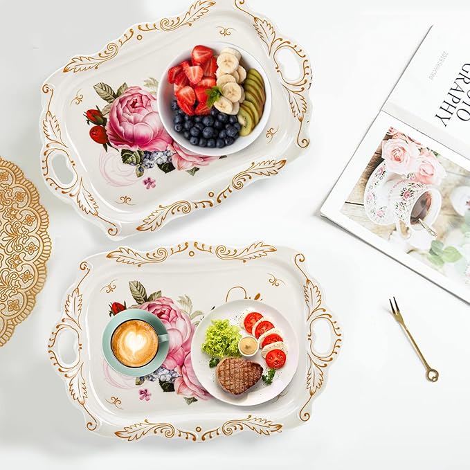 DEAYOU 3-Pack Melamine Serving Tray, Stackable Food Tray with Handles for Eating, Unbreakable Large Serving Platter with Floral Print for Gift, Party, Decor, Home, Restaurant, 16"L x 11"W, Rectangle