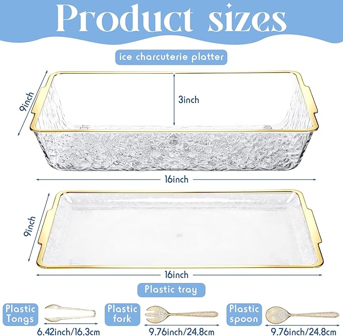 Baderke 16" x 9" Chilled Serving Tray for Parties with Compartments Ice Chilled Party Crudite Platter Charcuterie Serving Board Cold Dish Dip with Tableware for Seafood Vegetable (Gold Glitter)
