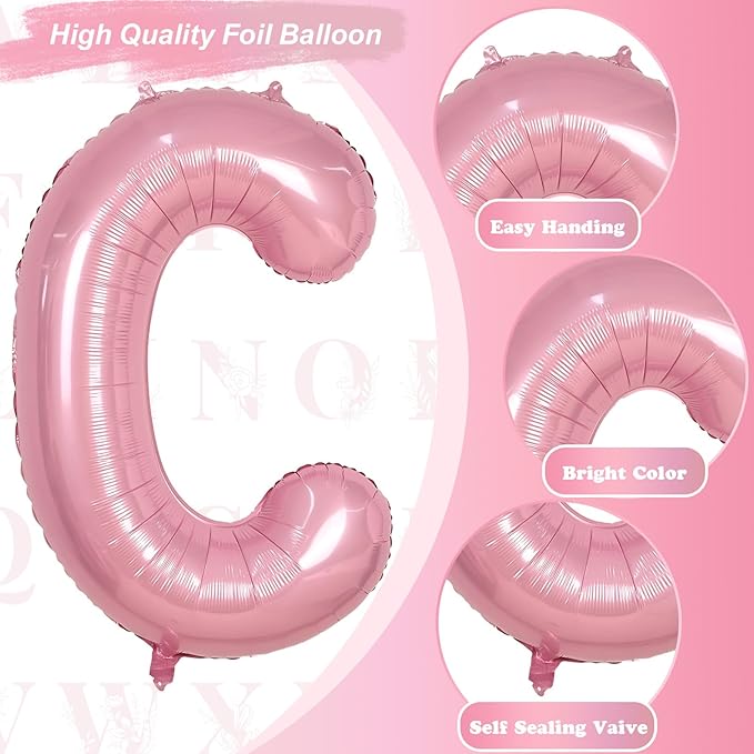 40 Inch Pink Letter Balloon C, Giant Alphabet A - Z Foil Balloon Baby Pink, Self Inflating Pearl Pink Letter Balloon C, Mylar Letter Customize Balloons for Girl Birthday Party Decoration Supplies