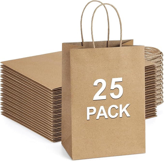 BagDream Small Gift Bags 25Pcs 5.25x3x8 Kraft Brown Paper Bags with Handles, for Small Gifts, Birthday, Wedding Party Favor, Retail Merchandise Paper Sacks