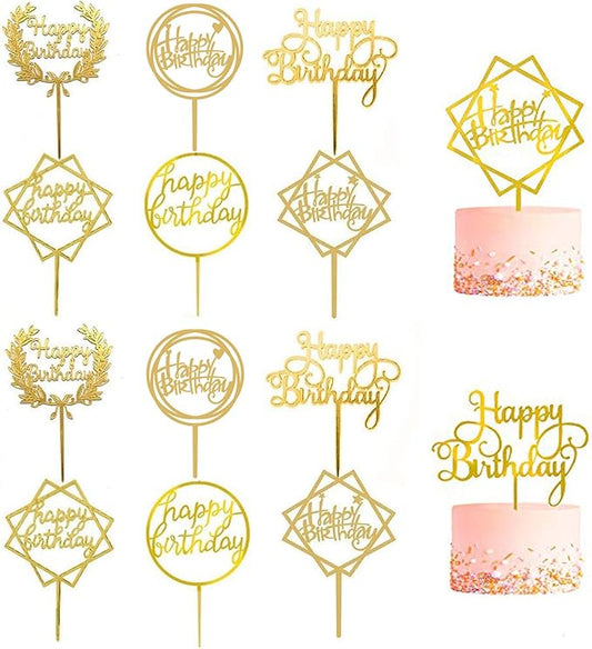 12Pcs Acrylic Cake Topper, BetterJonny Double-Sided Glitter Happy Birthday Gold Cake Topper Set, Birthday Decoration for Children and Adults