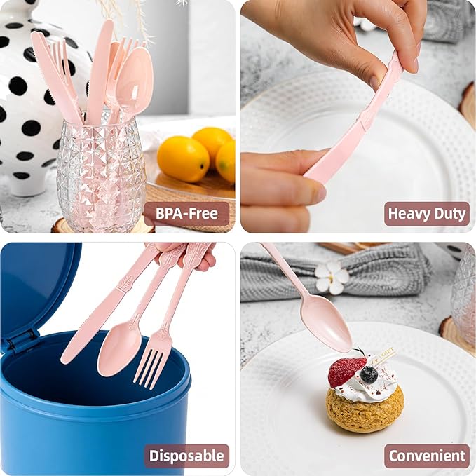 300PCS Heavy Duty Pink Plastic Silverware, Pink Plastic Cutlery Set, Disposable Flatware Includes 100 Forks, 100 Spoons, 100 Knives for Party, Wedding, Baby Shower, Easter and Mother's Day