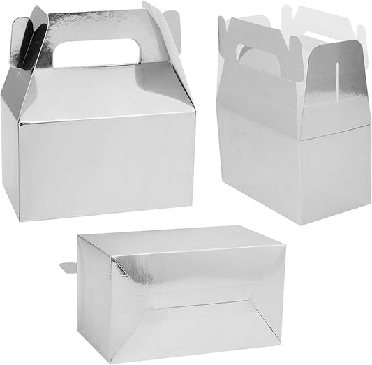 XAGLVV 24 Pack Silver Paper Gable Boxes with Handles, Treat Goodie Party Favor Gift Box for Wedding, Birthday, Baby Shower, Graduation
