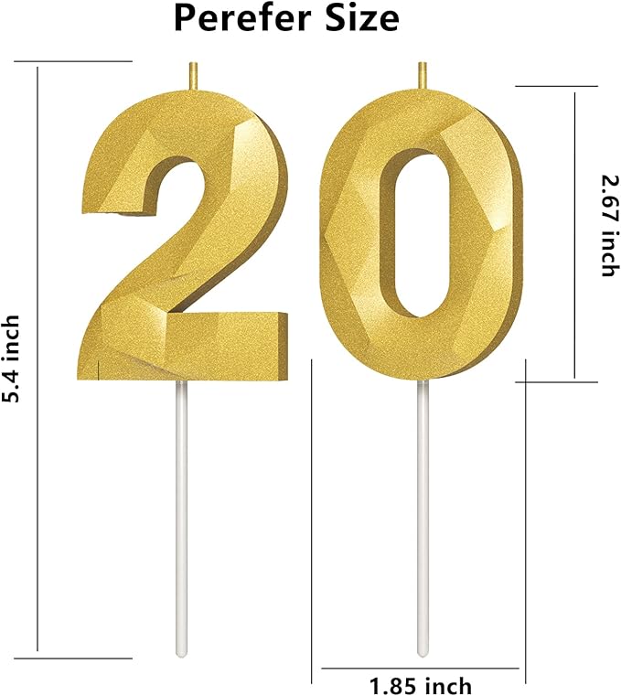 Number Birthday Candles(20 Candle Gold) 3D Diamond Shape Number Happy Birthday Cake Candles for Birthday Party Wedding Decoration Reunions Theme Party