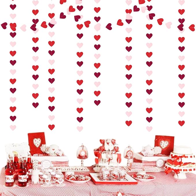 Burgundy-Red Light-Pink Valentines Party-Decorations Heart-Garland - 52ft Glitter Galentines Hanging Streamers Banner,Women Romantic Special Night Wedding Bachelorette Birthday Backdrop Decor Burgleda