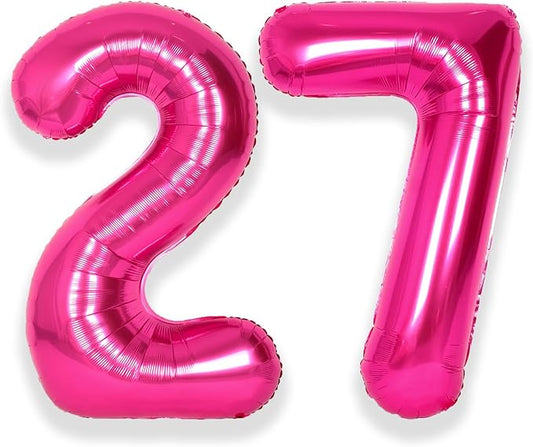 SUWEN 40 Inch Large Hot Pink 27 Balloon Numbers Big Foil Helium Number Balloons 0-9 Jumbo Happy 27th Mylar Birthday Party Decorations for Women 72 Anniversary Party Supplies