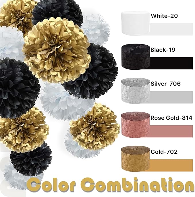 PartyWoo Crepe Paper Streamers 8 Rolls 656ft, Pack of Black, Gold and Silver Party Streamers, Crepe Paper for Birthday Decorations, Party Decorations, Wedding Decorations (1.8 in x 82 Ft/Roll)
