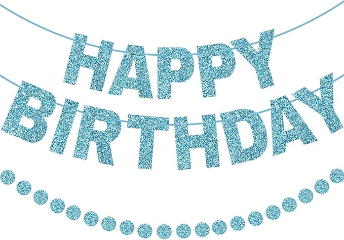 GCQQ Blue Happy Birthday Banner - 3M Glitter Light Blue Pre-Strung Banners and 2.5M Circle Dots Garland No DIY Birthday Party Decorations for Boys Girls Baby Shower Kids & Adults Birthday Backdrop