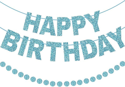 GCQQ Blue Happy Birthday Banner - 3M Glitter Light Blue Pre-Strung Banners and 2.5M Circle Dots Garland No DIY Birthday Party Decorations for Boys Girls Baby Shower Kids & Adults Birthday Backdrop