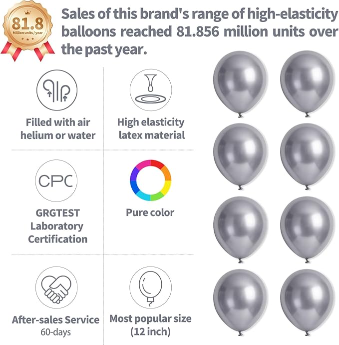 110pcs Metallic silver Balloons, Metallic silver Latex Balloons 12 inch, silver Balloon for Birthday Party Baby Shower Wedding(with 2 Ribbons).
