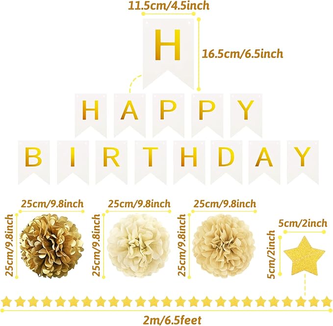 Gold Birthday Party Decorations - Banner, Pompoms, Confetti, Balloons, Garland for Boys, Girls, Women, Men's 6th to 70th Birthday