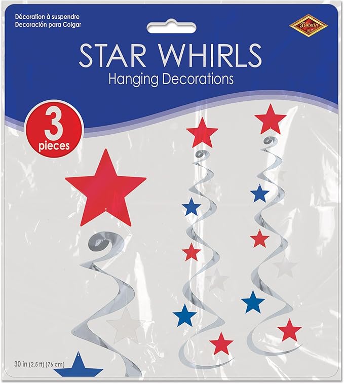 Beistle Red, Silver & Blue Star Whirls, Hanging Patriotic Decorations, USA Party Supplies, Fourth of July, Memorial Day & Themed Holiday Decor