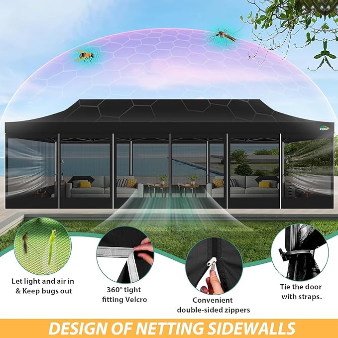 COBIZI 10x30 Pop Up Canopy with Sidewalls, Heavy Duty Canopy with Mosquito Netting, Easy up Screen Party Tents for Parties Backyard Outdoor Commercial Event Gazebo with Roller Bag, Sandbags, Black