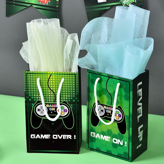 WERNNSAI Video Game Party Favor Bags - 16 Pack Gaming Birthday Party Decorations for Kids Boys Green Game Goodie Bags with Handles Game On Birthday Party Supplies for Baby Showe Anniversary