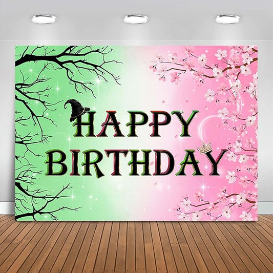 Mocsicka Pink and Green Happy Birthday Backdrop Witch Party Decorations Banner Party Supplies for Movie Party Decorations Banner Photo Props (Pink and Green, 10x7ft(120"x82"))