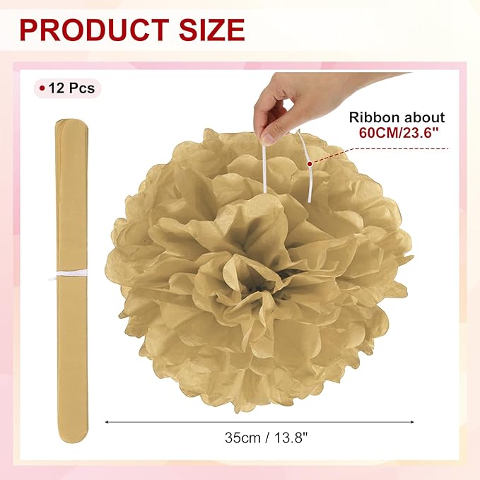PATIKIL 14inch Tissue Paper Pom Poms, 12PCS Pom Poms Paper Flowers Ball Tissue Paper Flowers for Wedding Bridal Shower Birthday Bachelorette Party Backdrop Decoration, Khaki