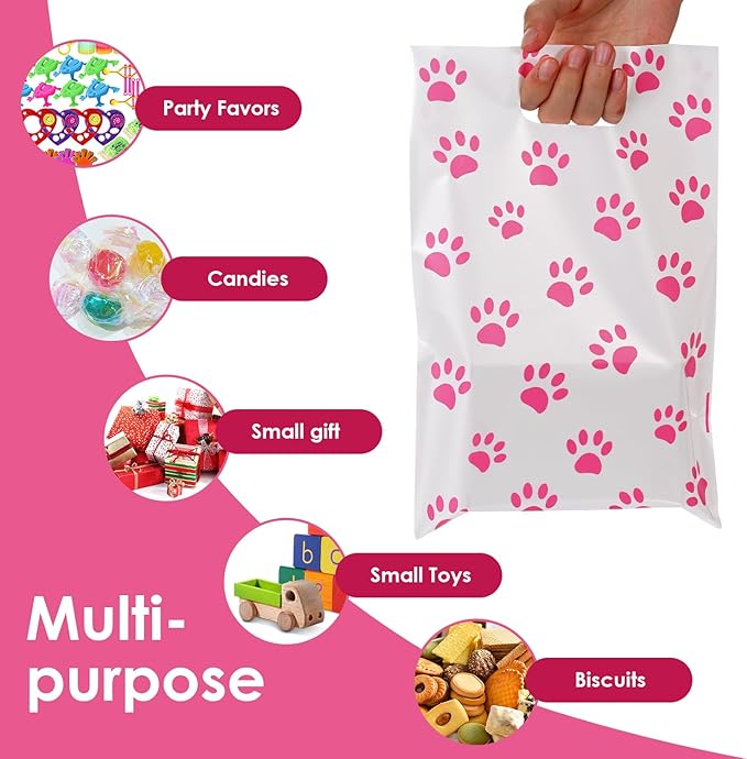 HappFestiv 50 Pcs Pink Dog Paw Party Favor Bags, Cute Puppy Plastic Goodie Bags for Candy & Small Gifts, Dog Paw Party Decorations and Supplies Treat Bags, Gift Bags for Birthday Party Baby Shower