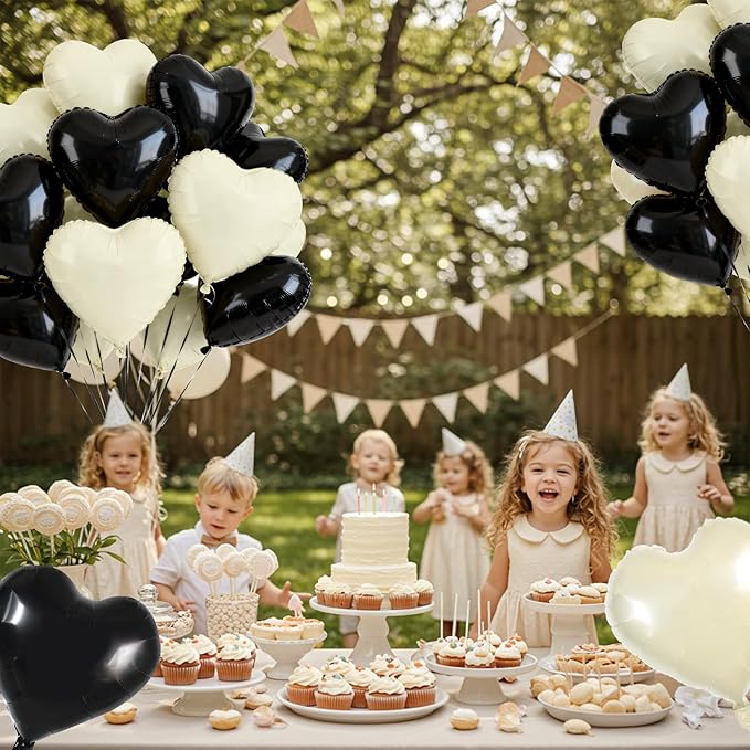 TONIFUL 30Pcs 18 Inch Black Cream White Balloons Black Cream White Heart Shape Foil Mylar Banners Decoration for Birthday Valentine's Day Wedding Bridal Shower Anniversary Engagement Party Supplies