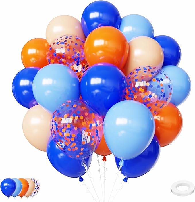 Blue and Orange Balloons, 65pcs 12 Inch Royal Light Blue and Orange Beige Balloons for Birthday Graduation Baby Shower Party